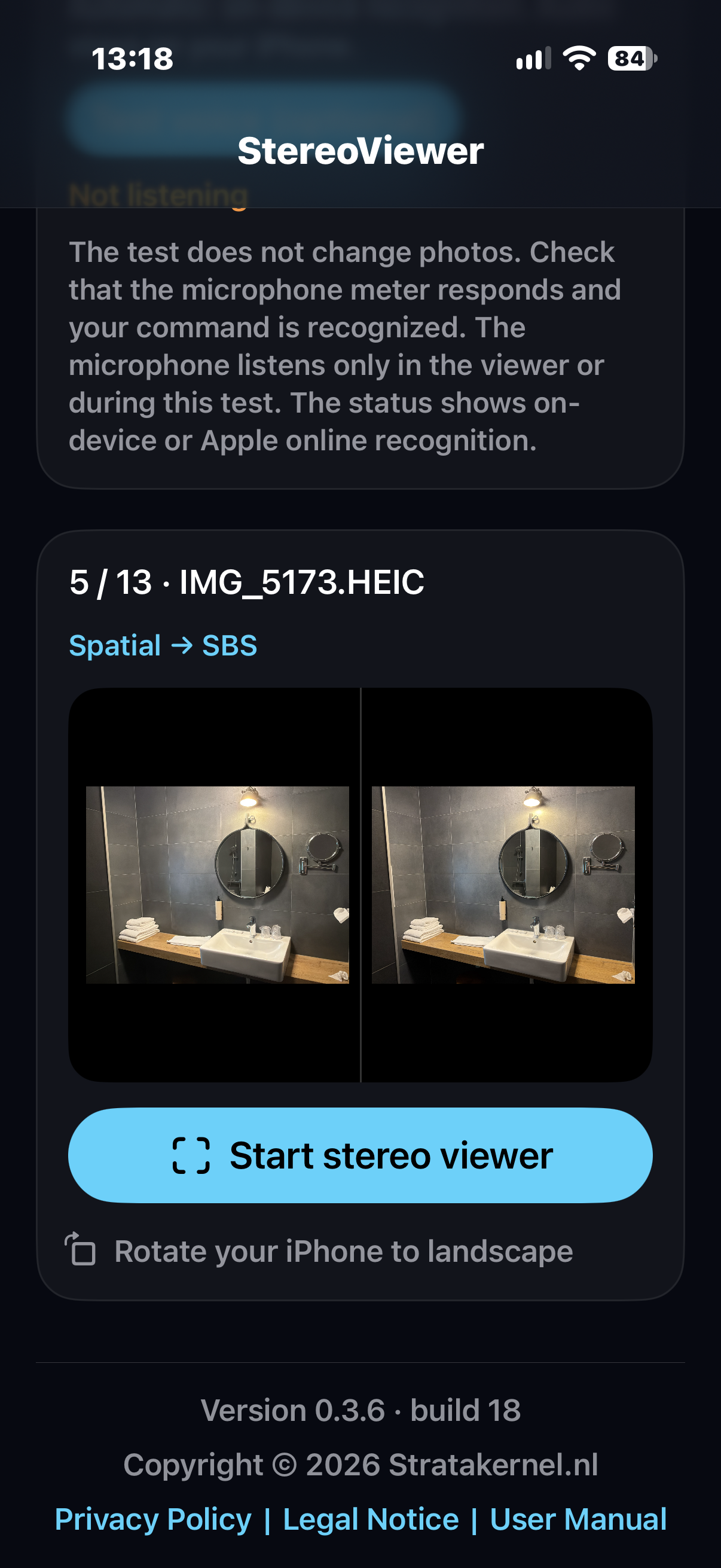 Spatial photograph converted to a side-by-side preview, above the Start stereo viewer button
