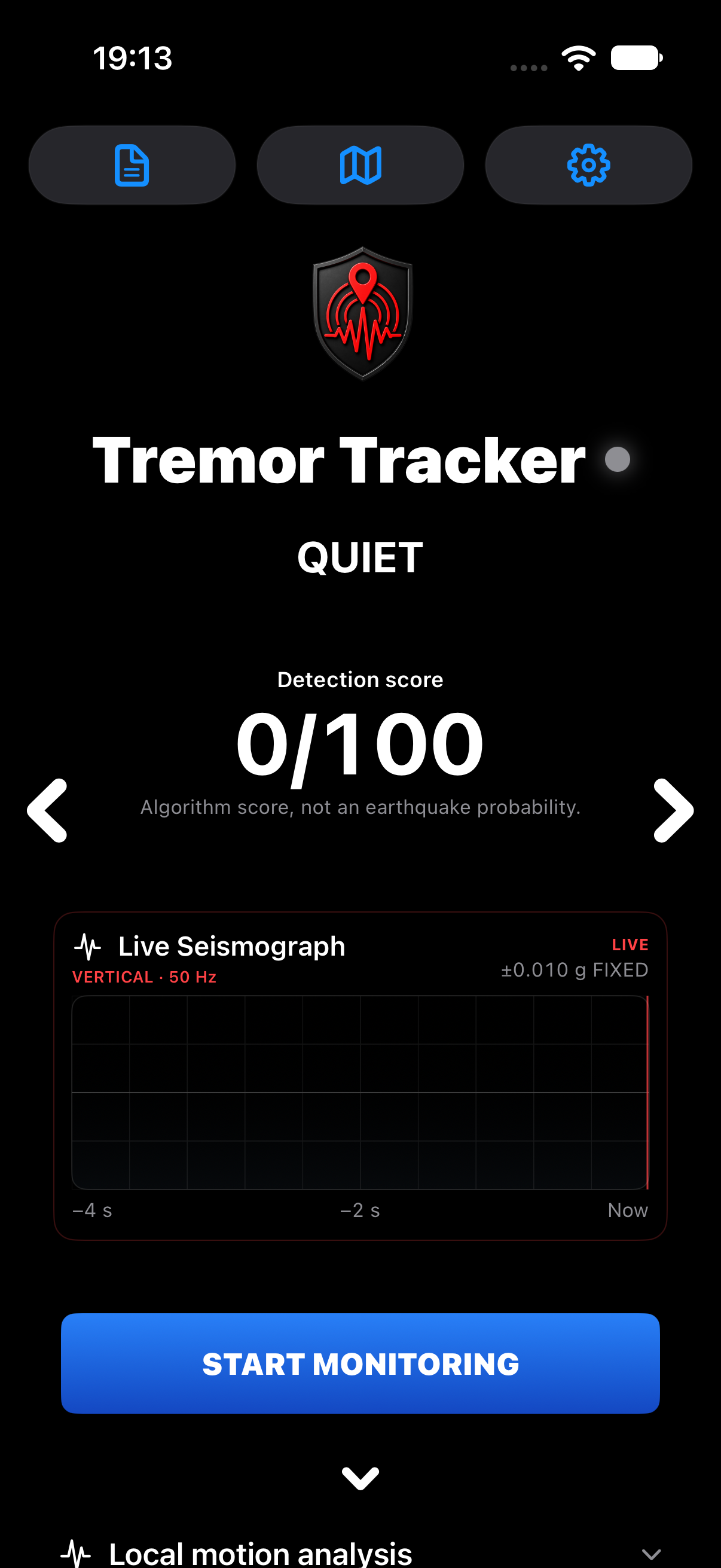 Tremor Tracker main screen with actual detection score out of 100 and live motion trace