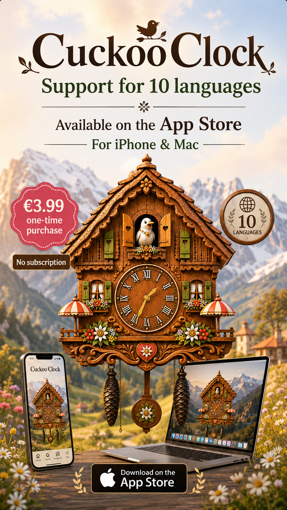 Cuckoo Clock artwork highlighting 10 languages and App Store availability