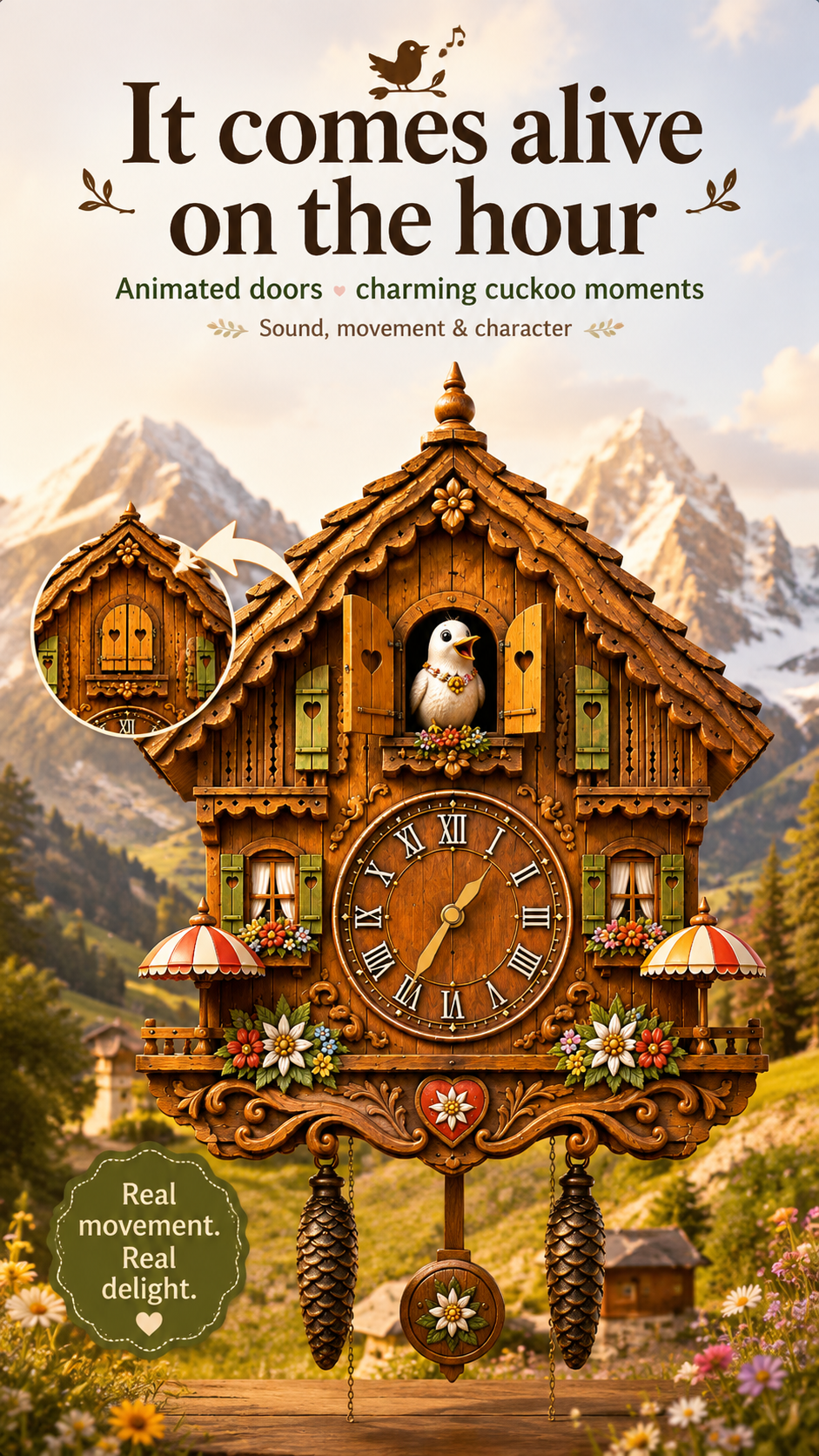 Cuckoo Clock feature artwork showing animated doors and a cuckoo appearing on the hour