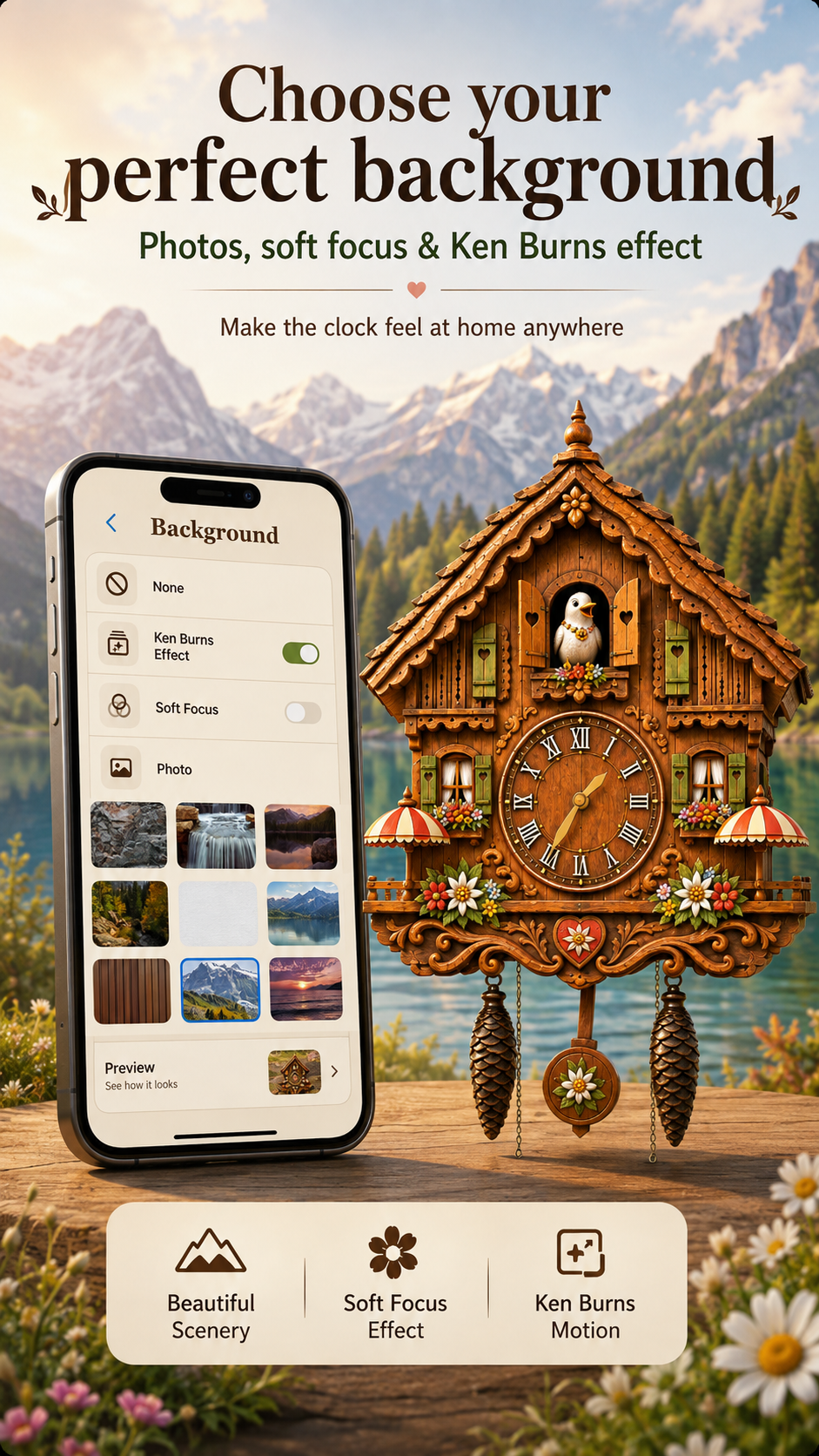 Cuckoo Clock background options with photos, soft focus and Ken Burns effect
