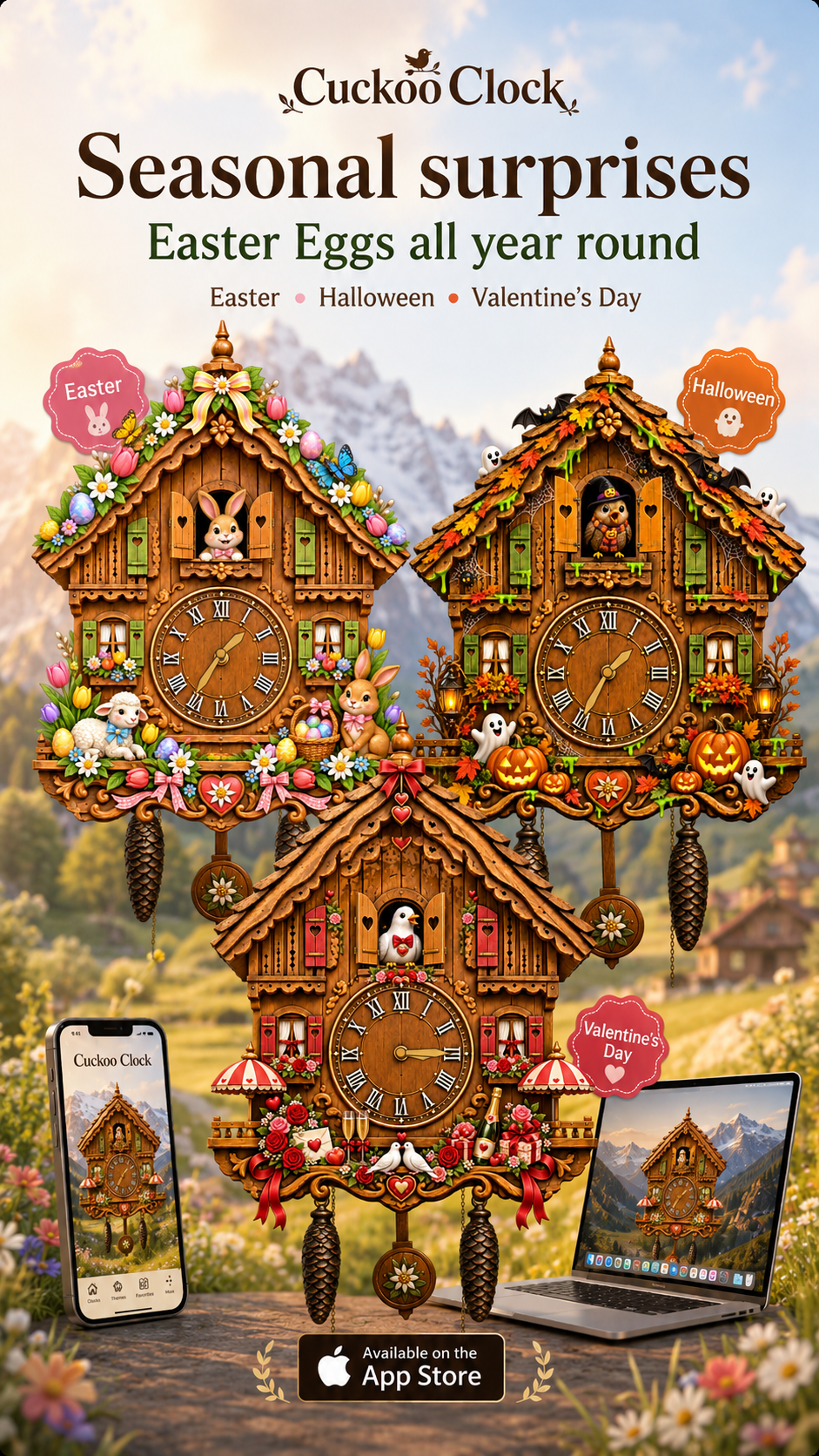 Cuckoo Clock seasonal themes featuring Easter, Halloween and Valentine's Day
