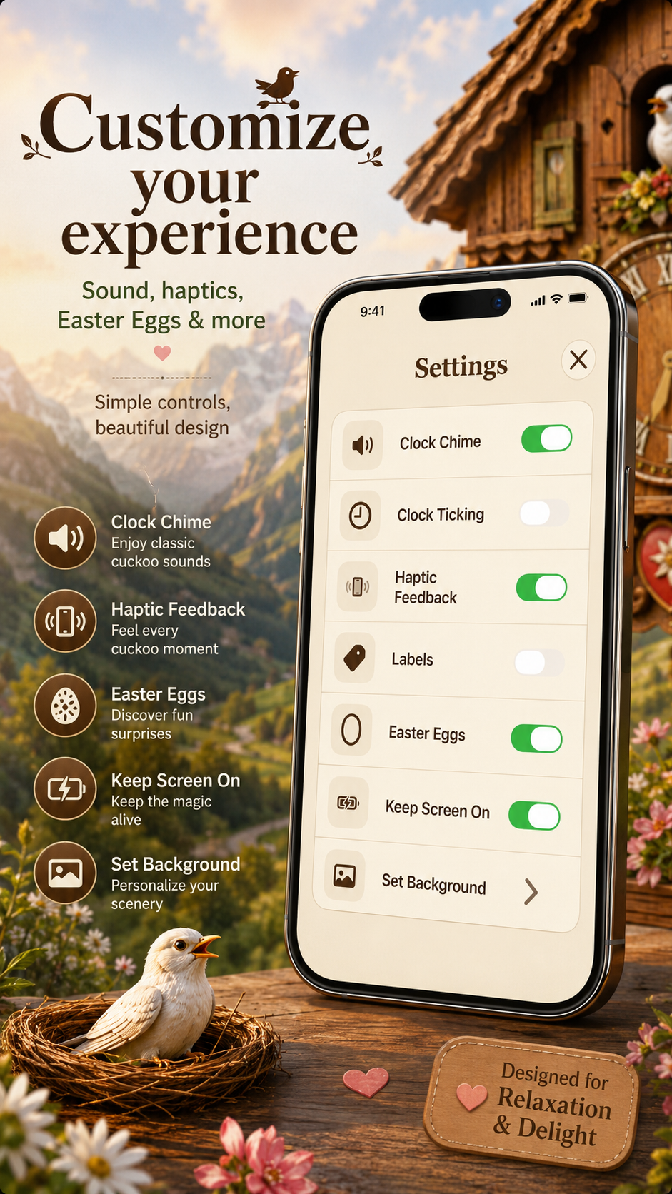 Cuckoo Clock settings artwork showing controls for clock chime, ticking, haptic feedback and Easter Eggs