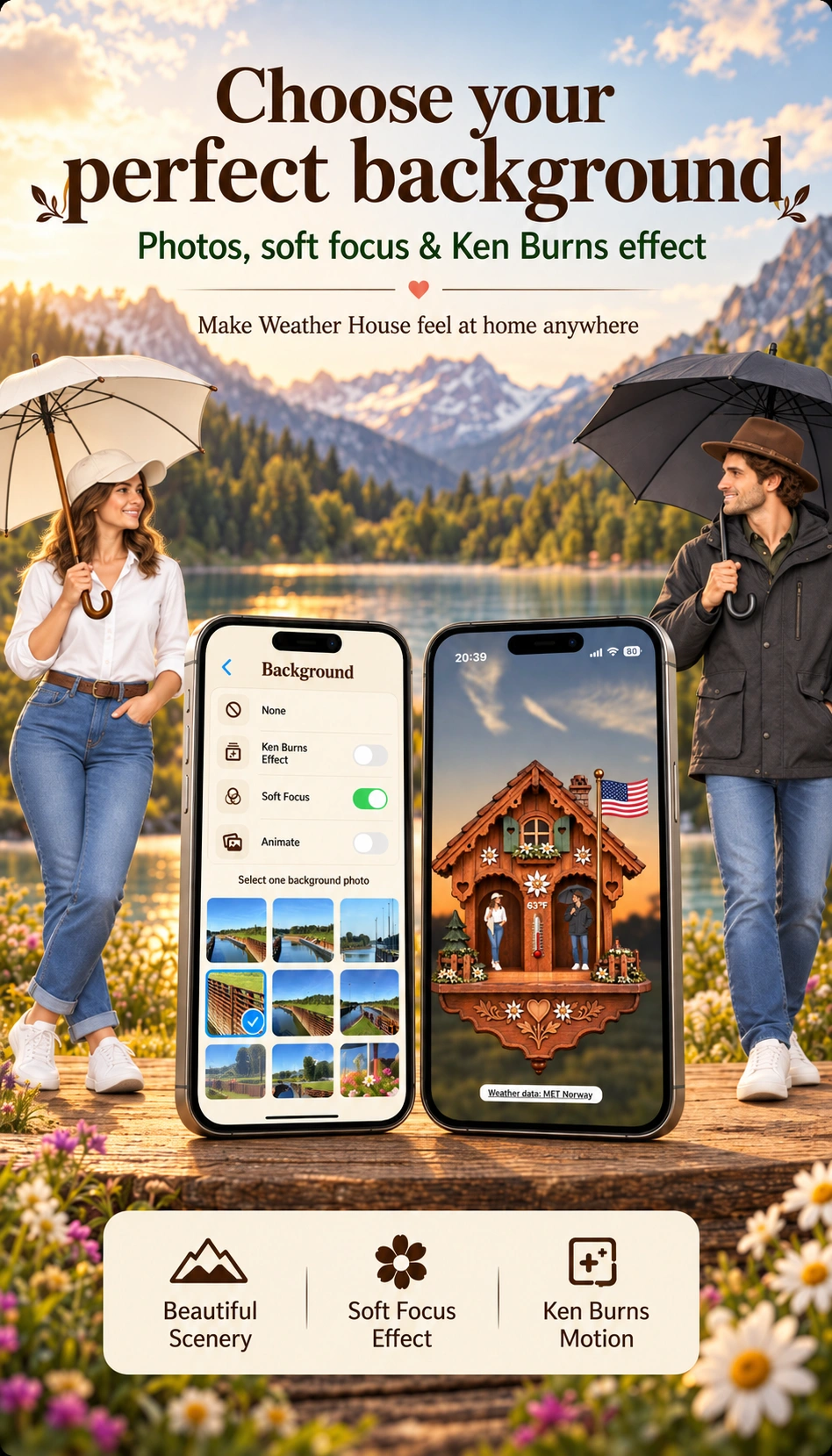 Choose your perfect background promotional poster showing photo selection, Soft Focus and Ken Burns motion in Weather House on iPhone