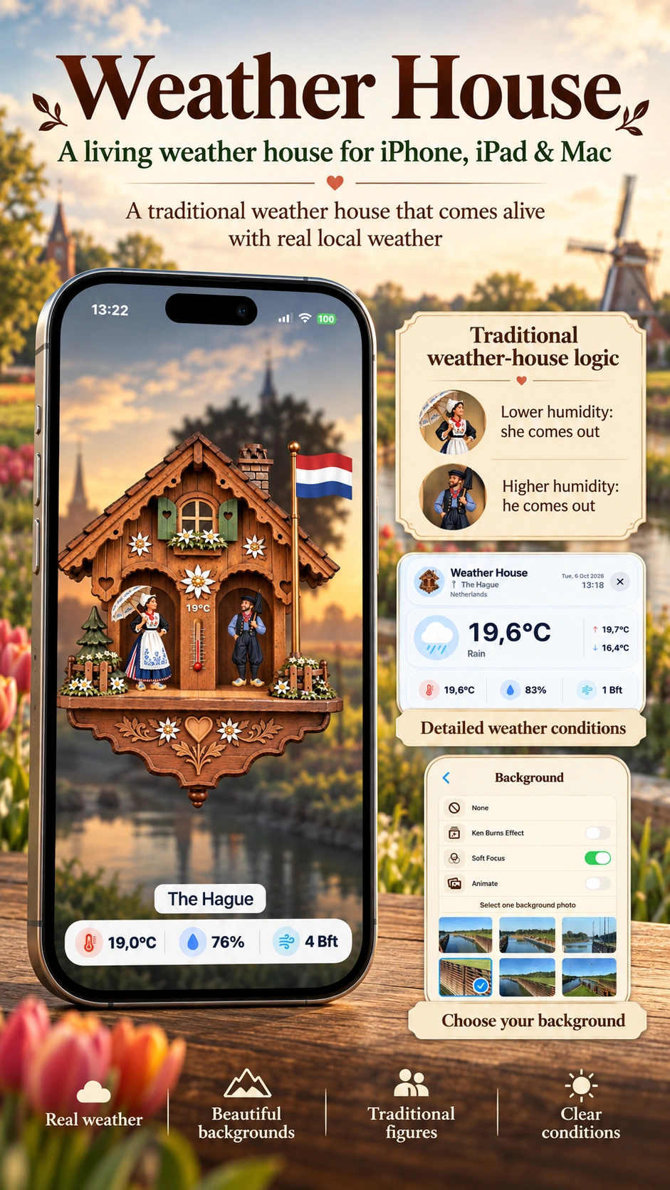 Weather House promotional poster with a Dutch weather house on iPhone, traditional humidity-responsive figures, detailed conditions and photo backgrounds